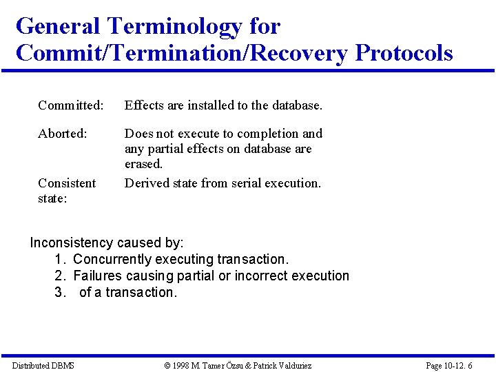 General Terminology for Commit/Termination/Recovery Protocols Committed: Effects are installed to the database. Aborted: Does