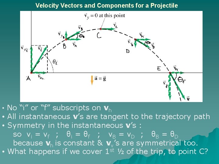 Velocity Vectors and Components for a Projectile • No “i” or “f” subscripts on