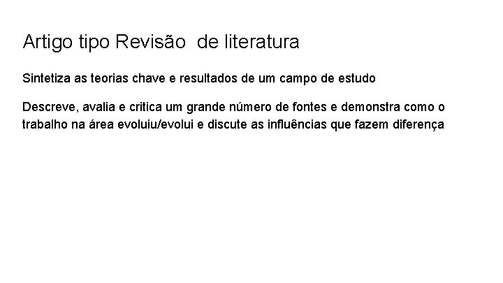 Artigo tipo Revisão de literatura Sintetiza as teorias chave e resultados de um campo