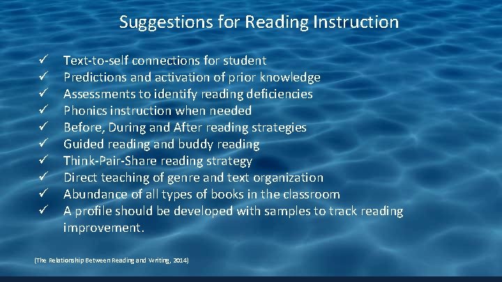 Suggestions for Reading Instruction ü ü ü ü ü Text-to-self connections for student Predictions
