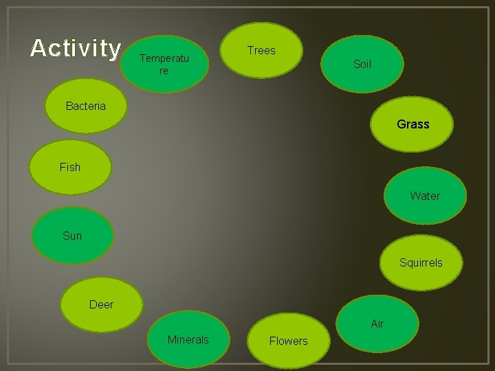 Activity Temperatu re Trees Soil Bacteria Grass Fish Water Sun Squirrels Deer Air Minerals