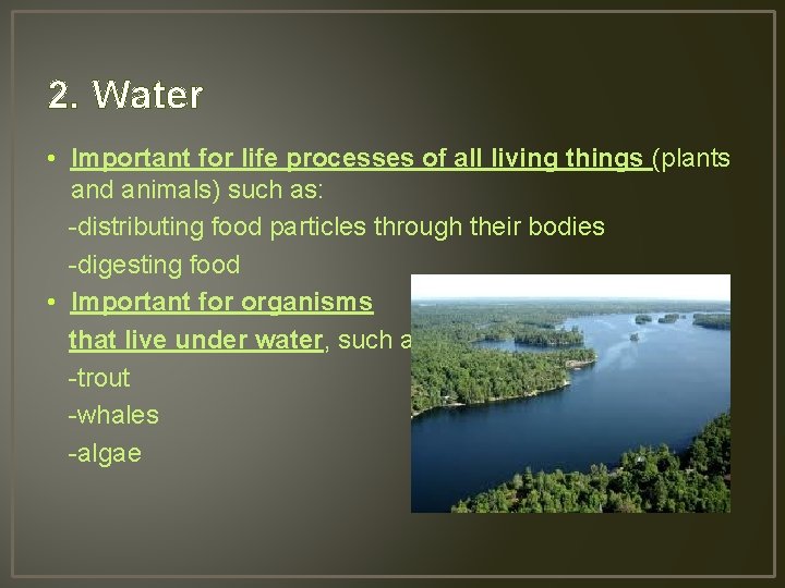 2. Water • Important for life processes of all living things (plants and animals)