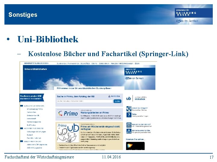 Sonstiges • Uni-Bibliothek - Kostenlose Bücher und Fachartikel (Springer-Link) Fachschaftsrat der Wirtschaftsingenieure 11. 04.