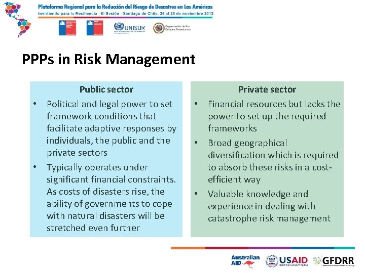 PPPs in Risk Management Public sector • Political and legal power to set framework