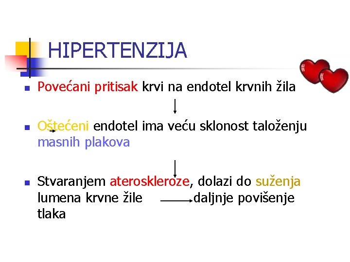 HIPERTENZIJA n n n Povećani pritisak krvi na endotel krvnih žila Oštećeni endotel ima