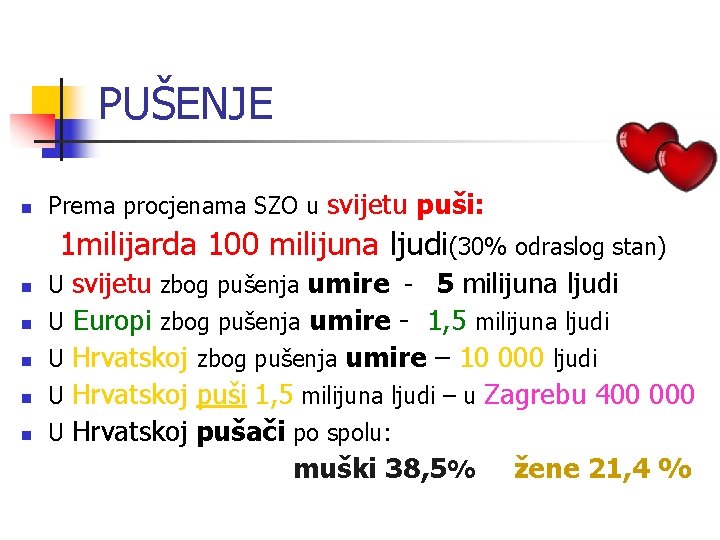 PUŠENJE n Prema procjenama SZO u svijetu puši: 1 milijarda 100 milijuna ljudi(30% odraslog