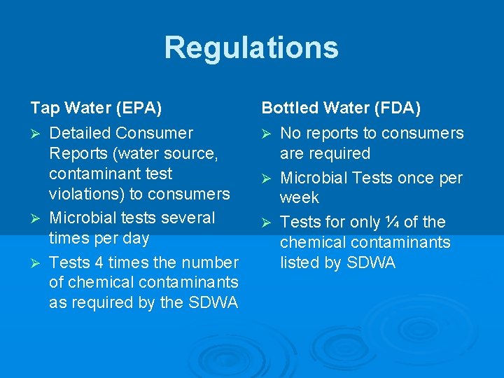 Regulations Tap Water (EPA) Ø Detailed Consumer Reports (water source, contaminant test violations) to