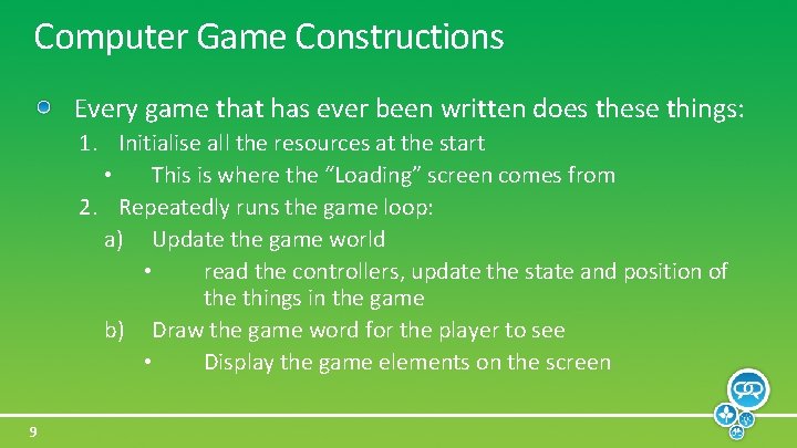 Computer Game Constructions Every game that has ever been written does these things: 1.