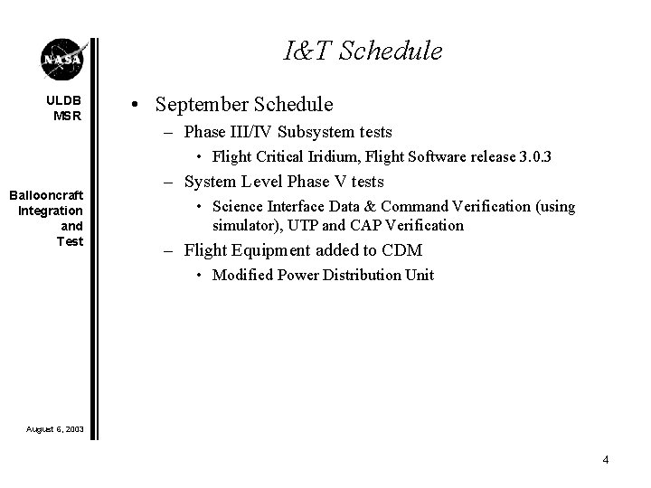 I&T Schedule ULDB MSR • September Schedule – Phase III/IV Subsystem tests • Flight