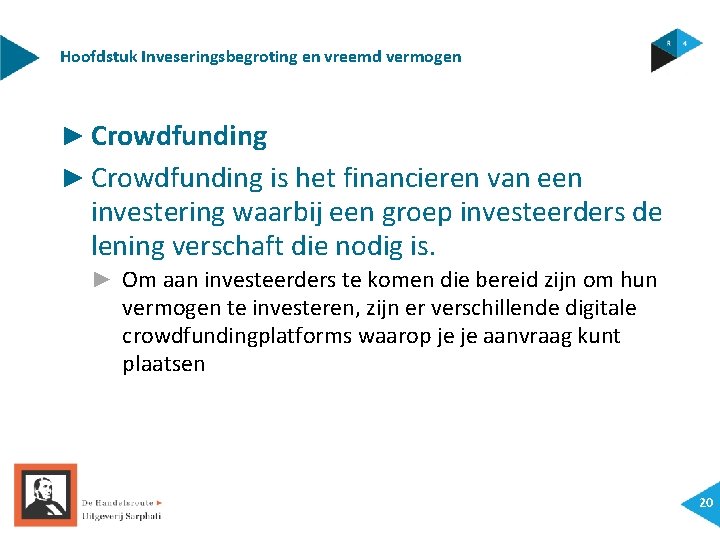 Hoofdstuk Inveseringsbegroting en vreemd vermogen ► Crowdfunding is het financieren van een investering waarbij
