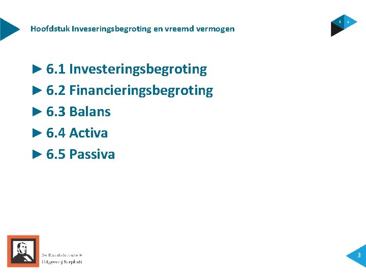 Hoofdstuk Inveseringsbegroting en vreemd vermogen ► 6. 1 Investeringsbegroting ► 6. 2 Financieringsbegroting ►