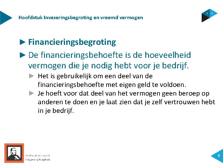 Hoofdstuk Inveseringsbegroting en vreemd vermogen ► Financieringsbegroting ► De financieringsbehoefte is de hoeveelheid vermogen