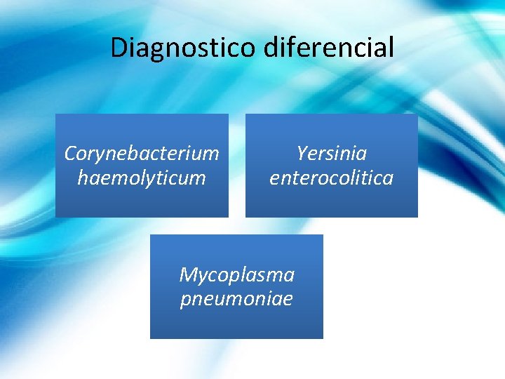 Diagnostico diferencial Corynebacterium haemolyticum Yersinia enterocolitica Mycoplasma pneumoniae 