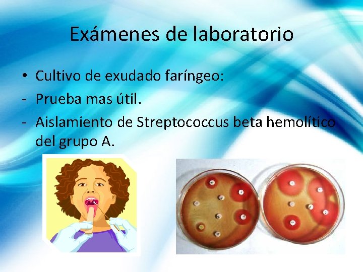 Exámenes de laboratorio • Cultivo de exudado faríngeo: - Prueba mas útil. - Aislamiento