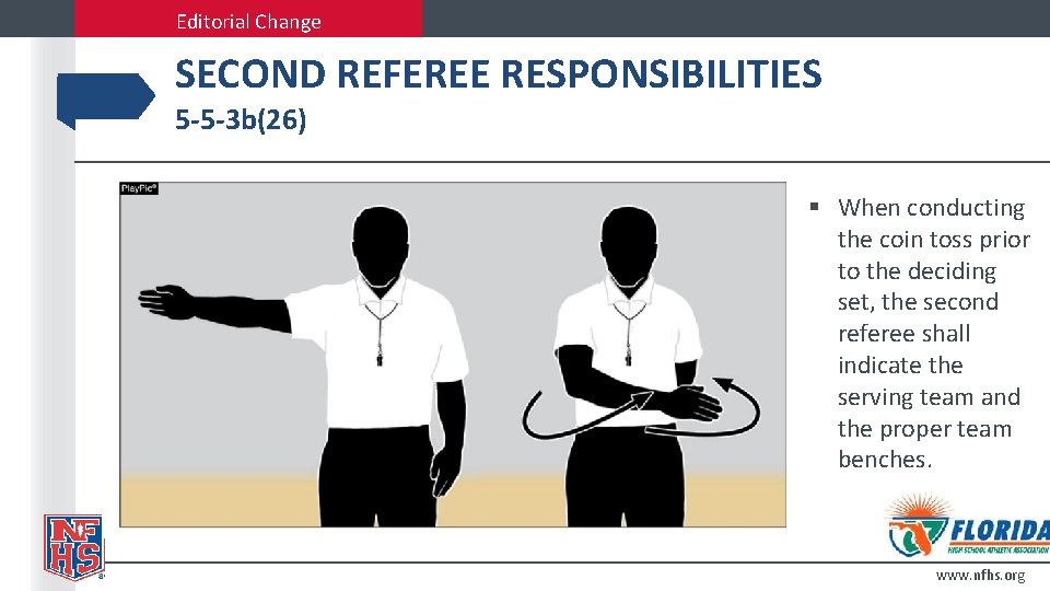Editorial Change SECOND REFEREE RESPONSIBILITIES 5 -5 -3 b(26) § When conducting the coin