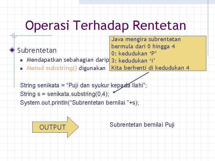 Operasi Terhadap Rentetan Java mengira subrentetan bermula dari 0 hingga 4 Subrentetan 0: kedudukan