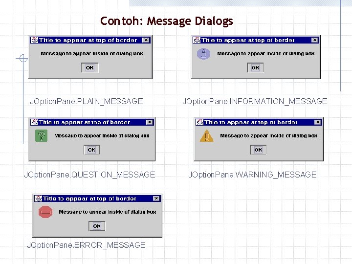 Contoh: Message Dialogs JOption. Pane. PLAIN_MESSAGE JOption. Pane. QUESTION_MESSAGE JOption. Pane. ERROR_MESSAGE JOption. Pane.