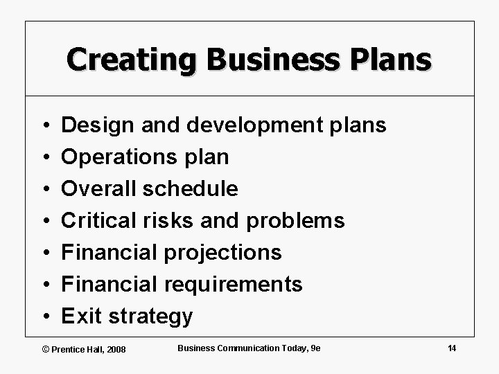 Creating Business Plans • • Design and development plans Operations plan Overall schedule Critical