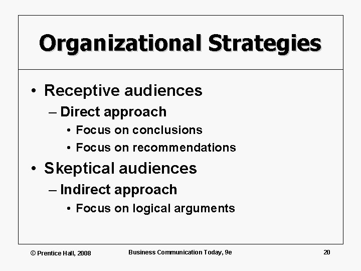 Organizational Strategies • Receptive audiences – Direct approach • Focus on conclusions • Focus