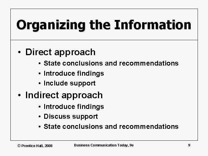 Organizing the Information • Direct approach • State conclusions and recommendations • Introduce findings