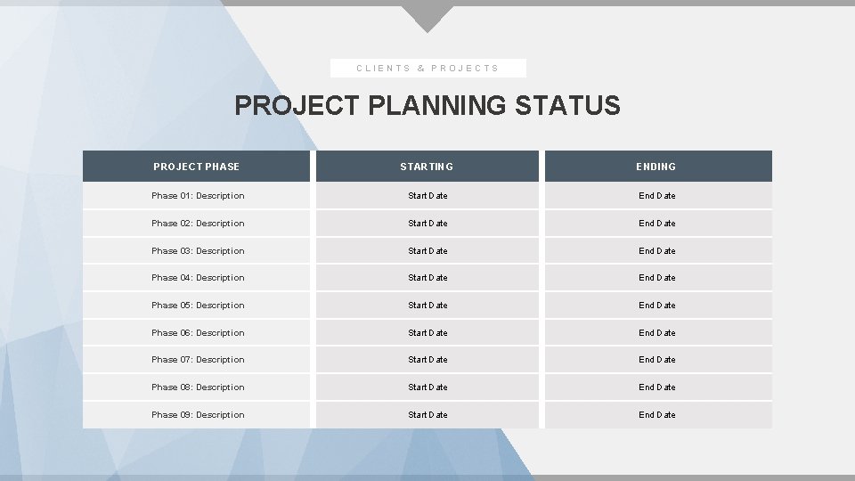 CLIENTS & PROJECTS PROJECT PLANNING STATUS PROJECT PHASE STARTING ENDING Phase 01: Description Start