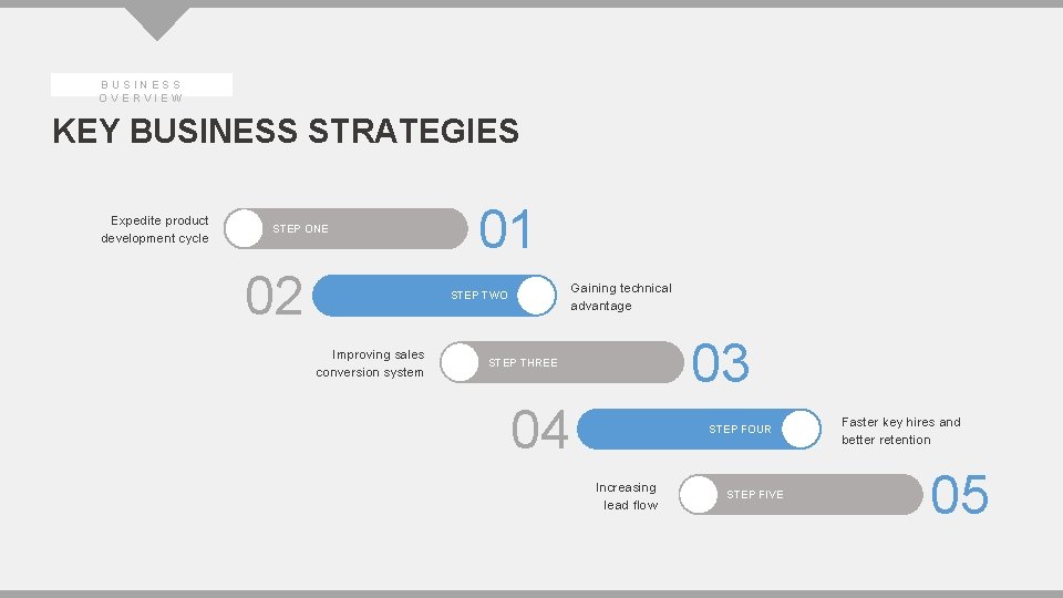 BUSINESS OVERVIEW KEY BUSINESS STRATEGIES Expedite product development cycle STEP ONE 02 01 Gaining