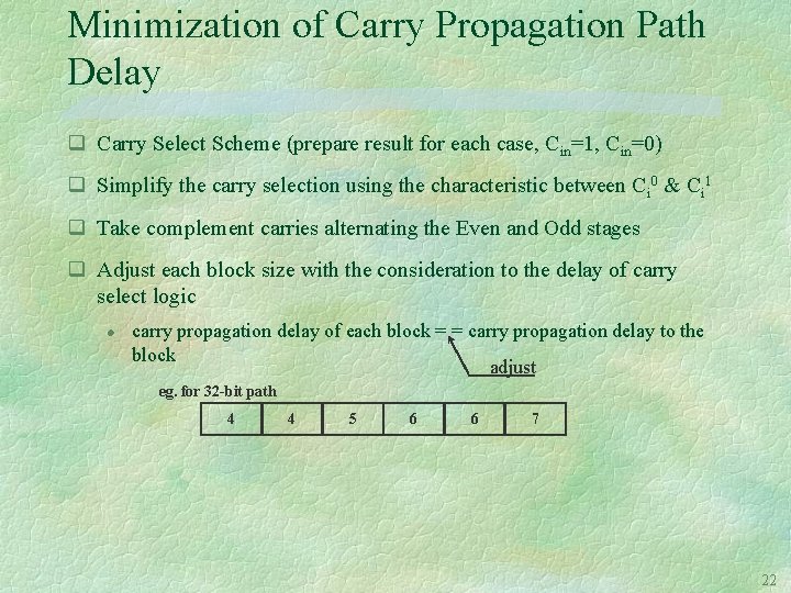 Minimization of Carry Propagation Path Delay q Carry Select Scheme (prepare result for each