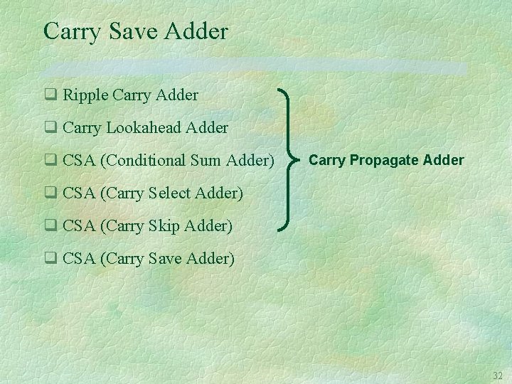 Carry Save Adder q Ripple Carry Adder q Carry Lookahead Adder q CSA (Conditional
