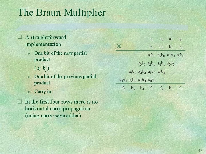The Braun Multiplier q A straightforward implementation l One bit of the new partial