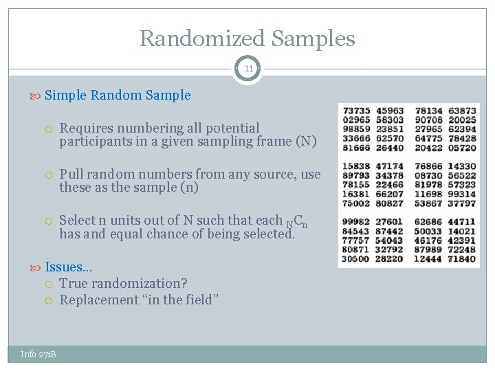 Randomized Samples 11 Simple Random Sample Requires numbering all potential participants in a given