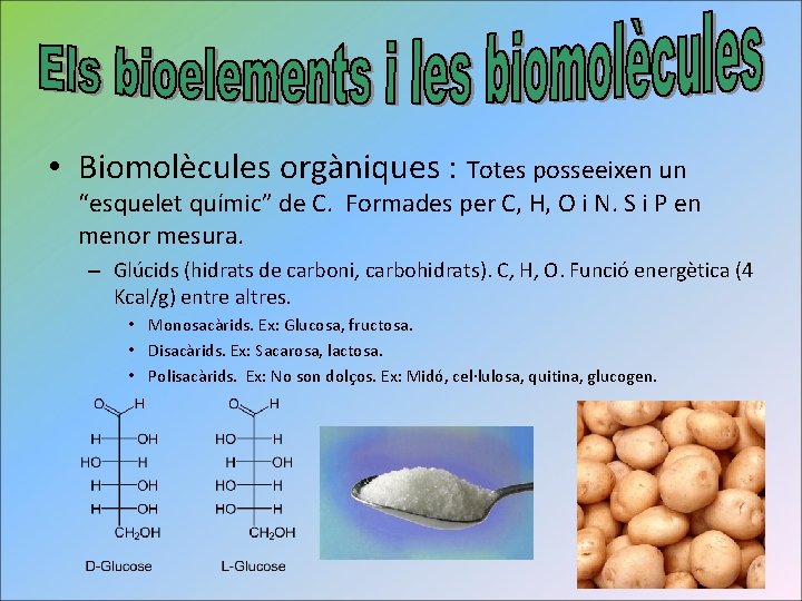  • Biomolècules orgàniques : Totes posseeixen un “esquelet químic” de C. Formades per