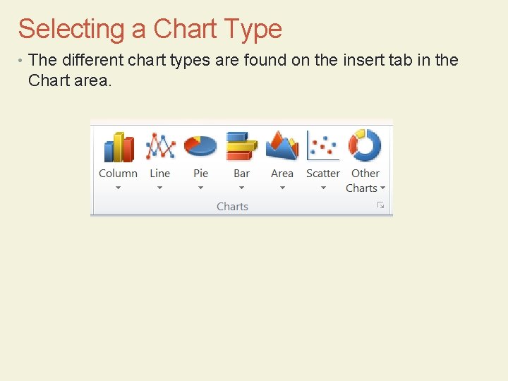 Selecting a Chart Type • The different chart types are found on the insert