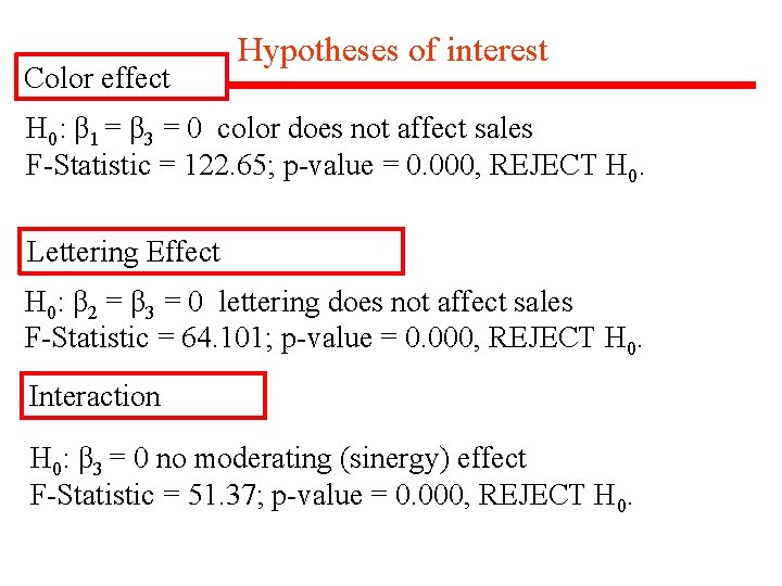 Color effect Hypotheses of interest H 0: β 1 = β 3 = 0
