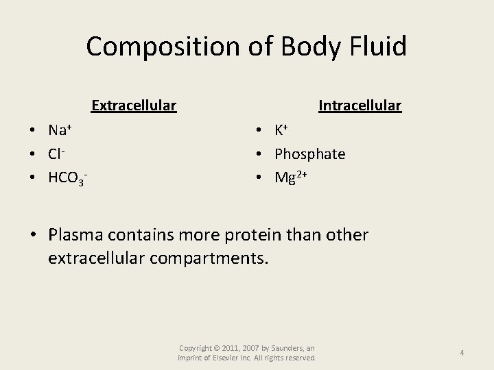 Composition of Body Fluid Extracellular • Na+ • Cl • HCO 3 - Intracellular