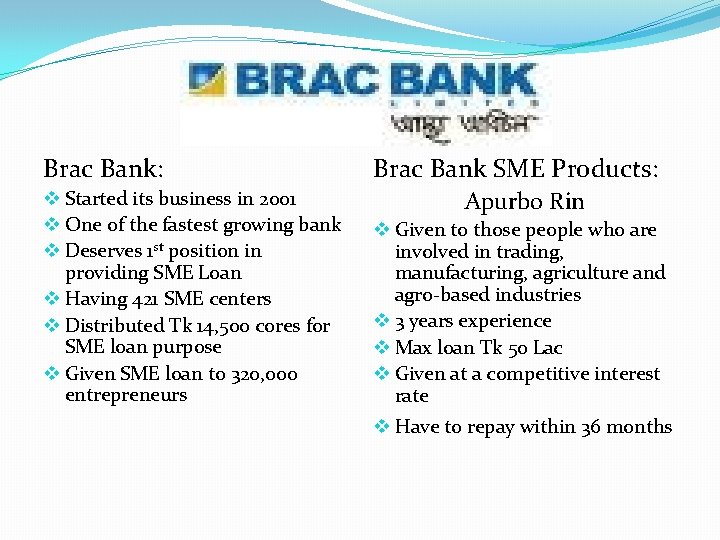 Brac Bank: v Started its business in 2001 v One of the fastest growing