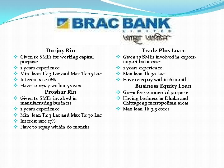 Durjoy Rin v Given to SMEs for working capital purpose v 2 years experience