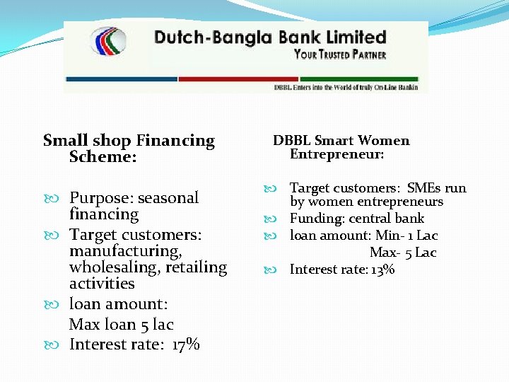 Small shop Financing Scheme: Purpose: seasonal financing Target customers: manufacturing, wholesaling, retailing activities loan