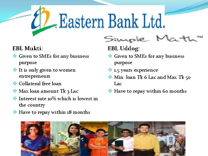 EBL Mukti: EBL Uddog: v Given to SMEs for any business purpose v It