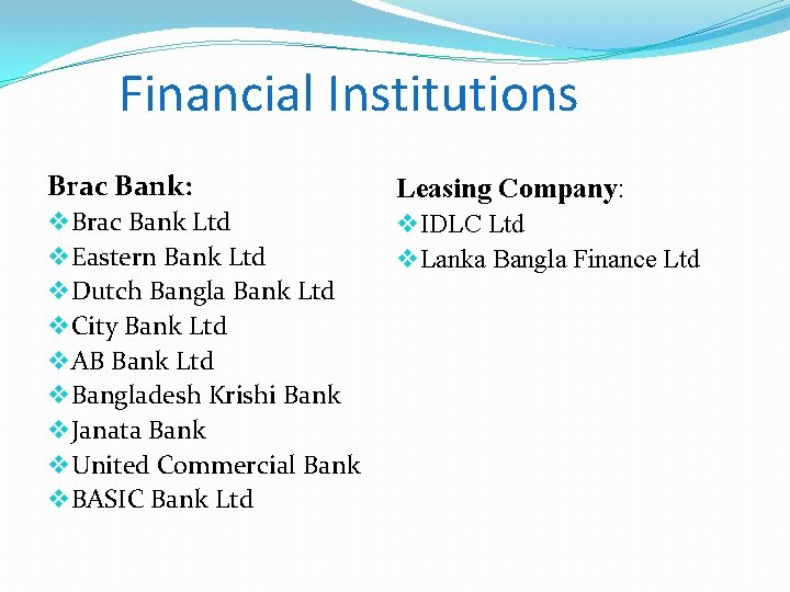 Financial Institutions Brac Bank: Leasing Company: v Brac Bank Ltd v Eastern Bank Ltd