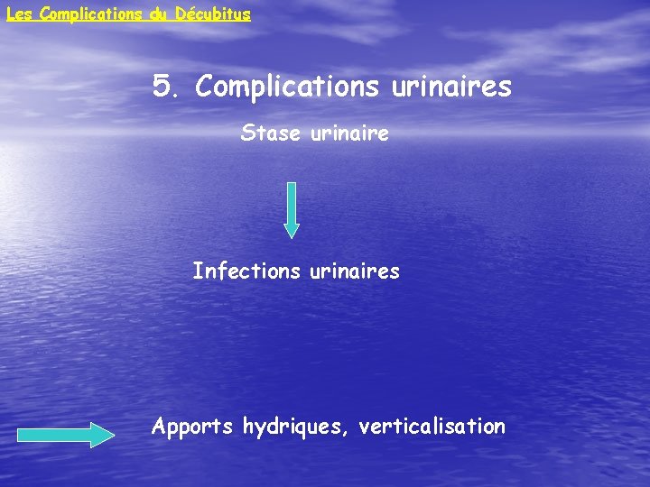 Les Complications du Décubitus 5. Complications urinaires Stase urinaire Infections urinaires Apports hydriques, verticalisation