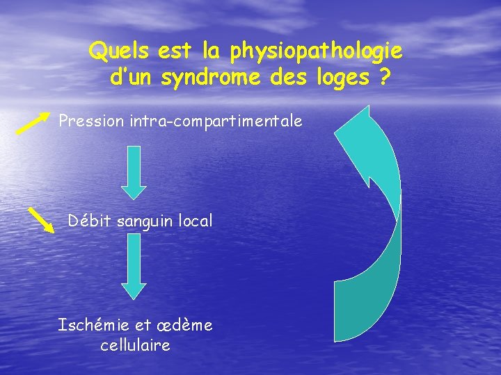 Quels est la physiopathologie d’un syndrome des loges ? Pression intra-compartimentale Débit sanguin local