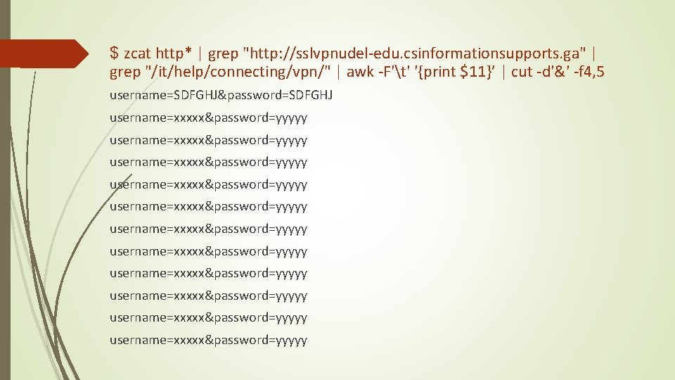 $ zcat http* | grep "http: //sslvpnudel-edu. csinformationsupports. ga" | grep "/it/help/connecting/vpn/" | awk