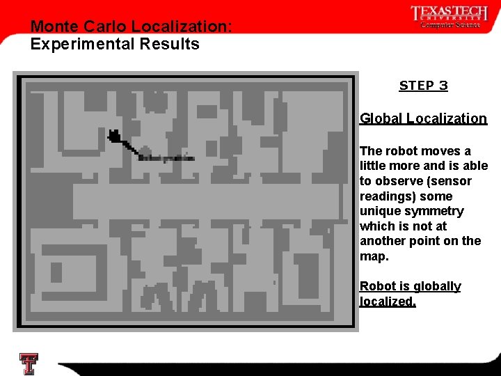 Monte Carlo Localization: Experimental Results STEP 3 Global Localization The robot moves a little Monte Carlo Localization: Experimental Results STEP 3 Global Localization The robot moves a little