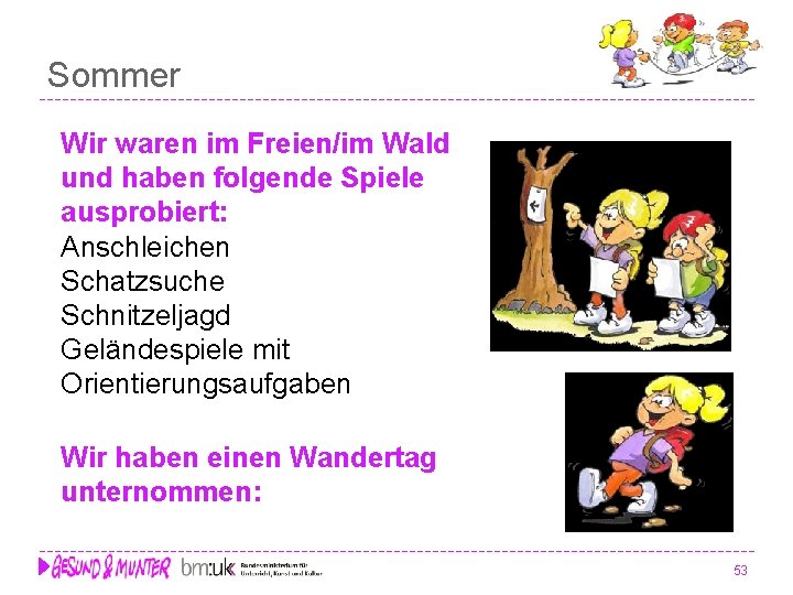 Sommer Wir waren im Freien/im Wald und haben folgende Spiele ausprobiert: Anschleichen Schatzsuche Schnitzeljagd Sommer Wir waren im Freien/im Wald und haben folgende Spiele ausprobiert: Anschleichen Schatzsuche Schnitzeljagd