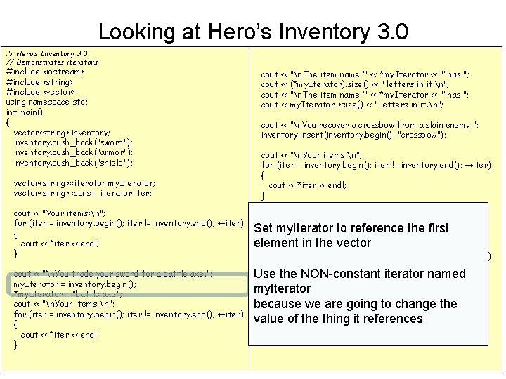 Looking at Hero’s Inventory 3. 0 // Demonstrates iterators #include <iostream> #include <string> #include