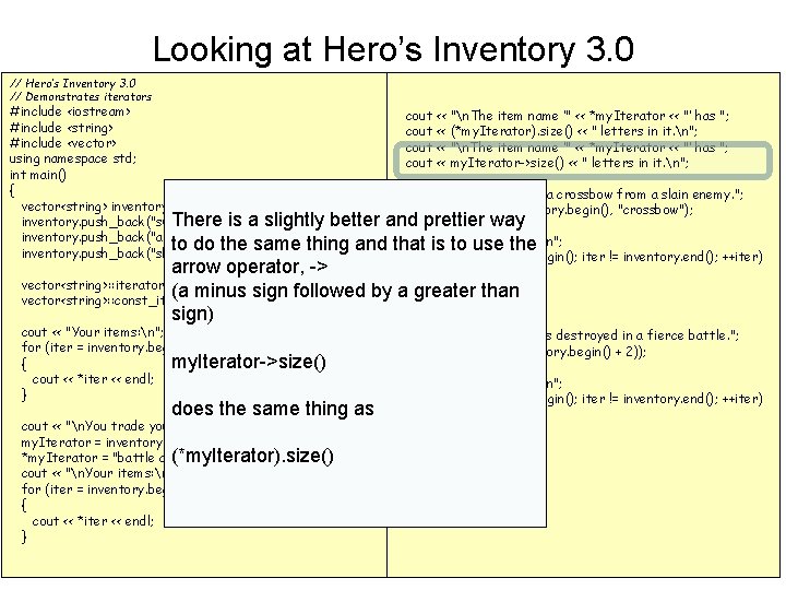 Looking at Hero’s Inventory 3. 0 // Demonstrates iterators #include <iostream> cout << "n.