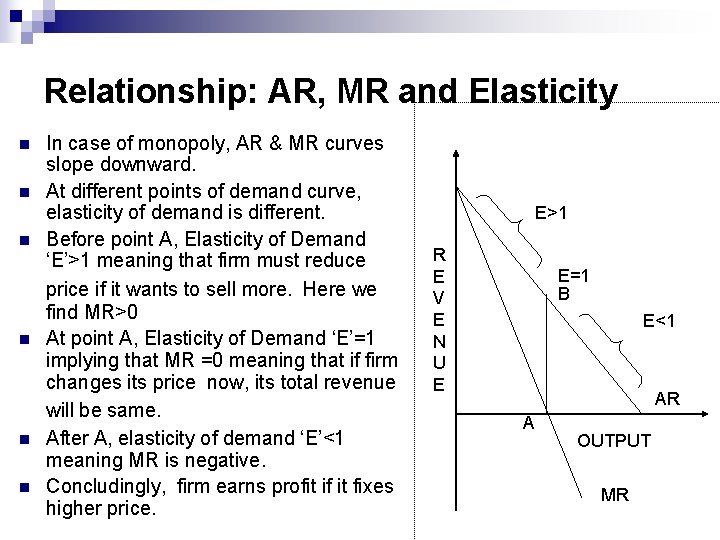 Relationship: AR, MR and Elasticity n n n In case of monopoly, AR &