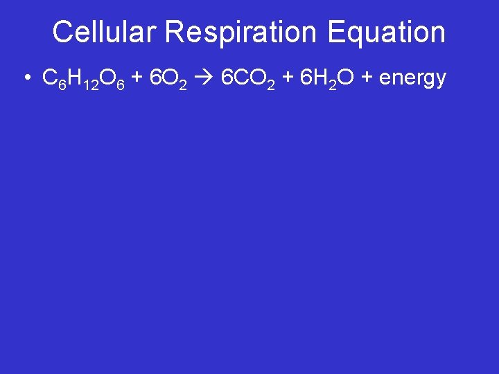 Cellular Respiration Equation • C 6 H 12 O 6 + 6 O 2