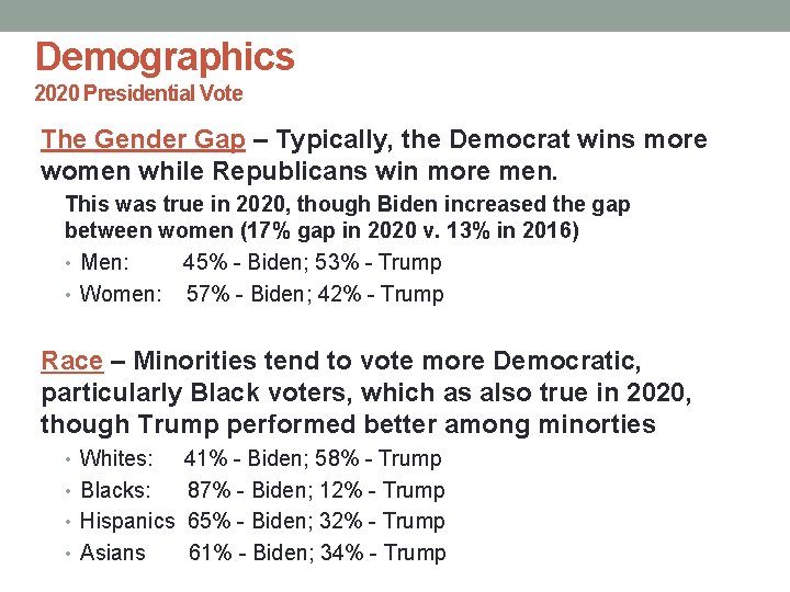 Demographics 2020 Presidential Vote The Gender Gap – Typically, the Democrat wins more women