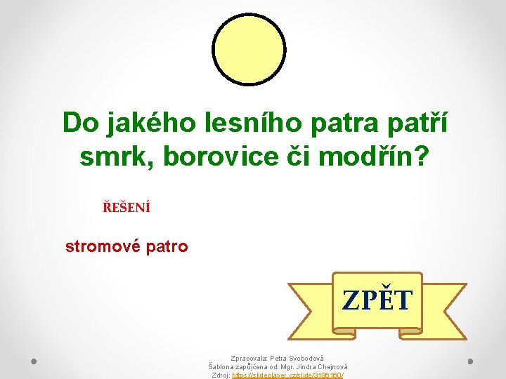 Do jakého lesního patra patří smrk, borovice či modřín? ŘEŠENÍ stromové patro ZPĚT Zpracovala: